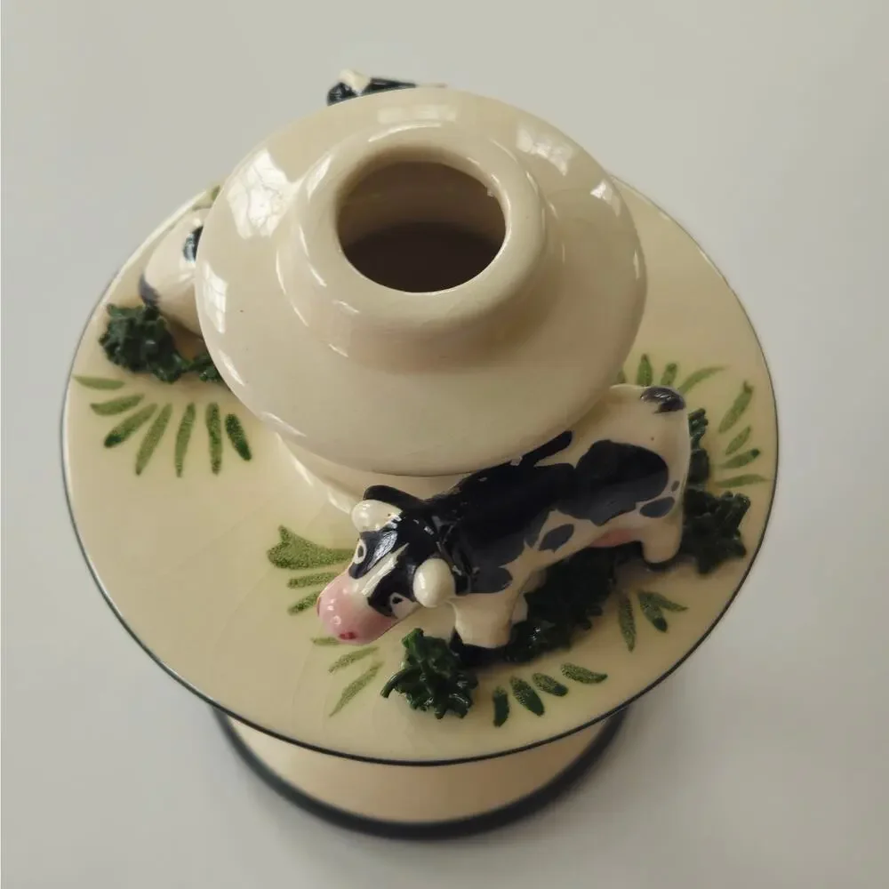 Rare Vintage 1990s L.A. Ceramics Hand-Painted Cow Cottagecore Candle Holder